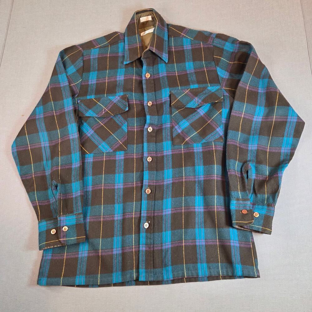 Vintage 70s Gordon Pine Scott Sears Flannel Shirt Brown Blue Plaid Small